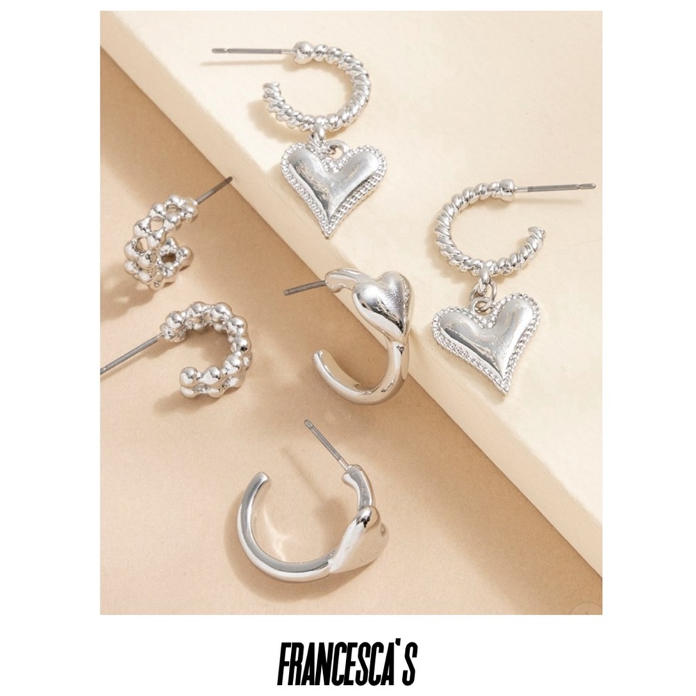 New Francesca’s Nina Silver Heart Hoop Silver Tone Earring Set